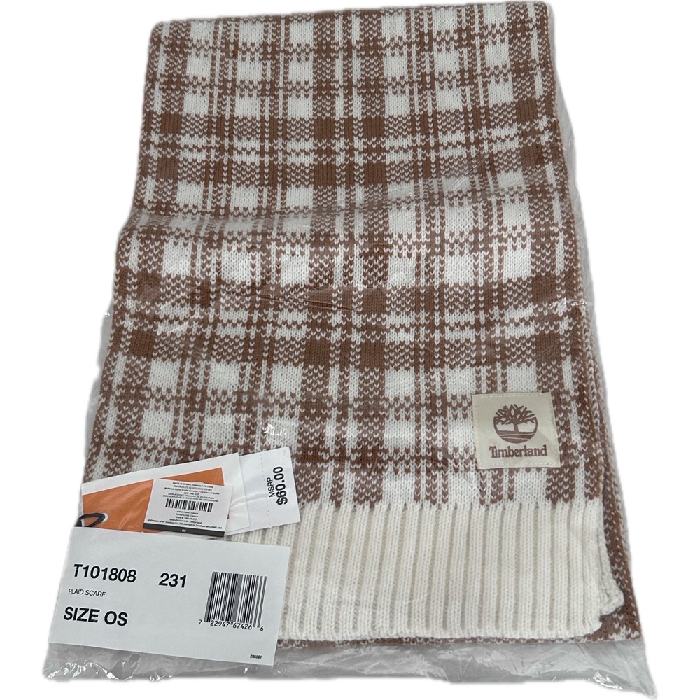 Timberland Plaid Scarf Women OS Brown NWT T101808 231 Knit Logo Patch